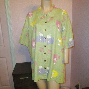 Vtg Kiko Linen Top Size 3X Tunic Button Up Cottagecore Artsy Lagenlook Floral